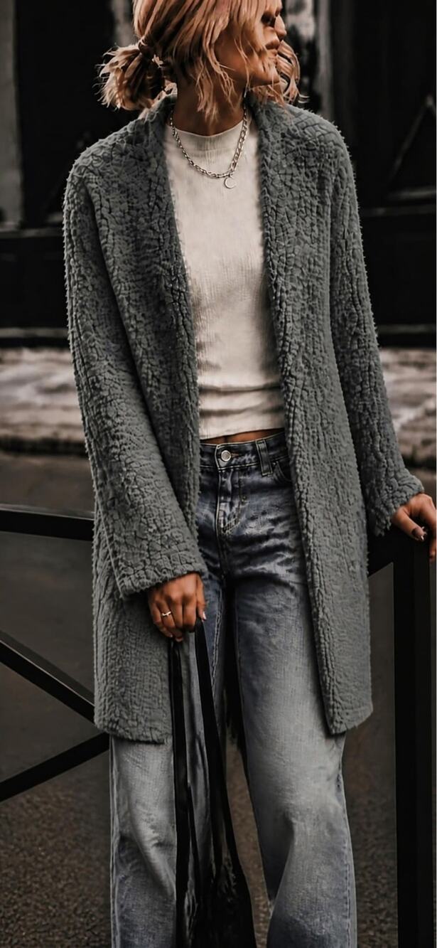 POL Clothing Plus Size Shaggy Eyelash Knit Long Duster Cardigan Charcoal Grey 2X